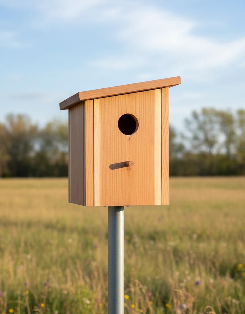 A perfectly built cedar bluebird house with a 1 1/2 inch entrance hole, mounted on a pole in a sunny field.