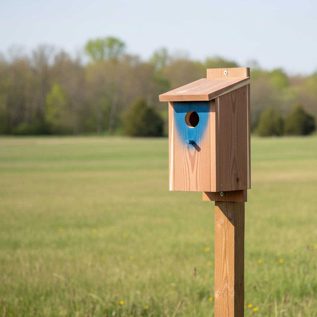 Cedar bluebird house with a 1-1/2 inch entrance hole mounted on a pole in an open field