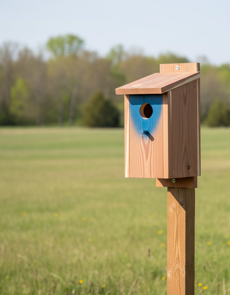 Cedar bluebird house with a 1-1/2 inch entrance hole mounted on a pole in an open field
