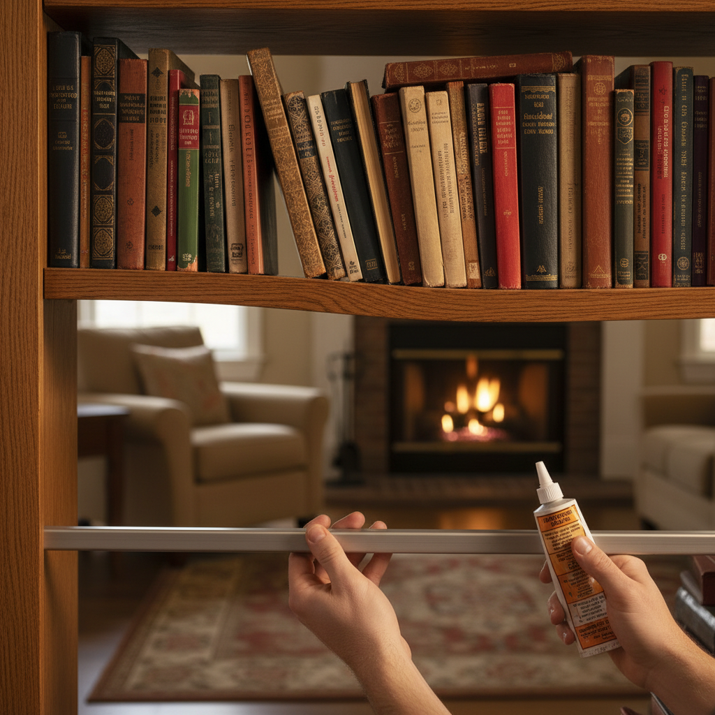 A close-up of a wooden bookshelf with a sagged shelf, featuring hands preparing to fix it with a steel bar and epoxy.