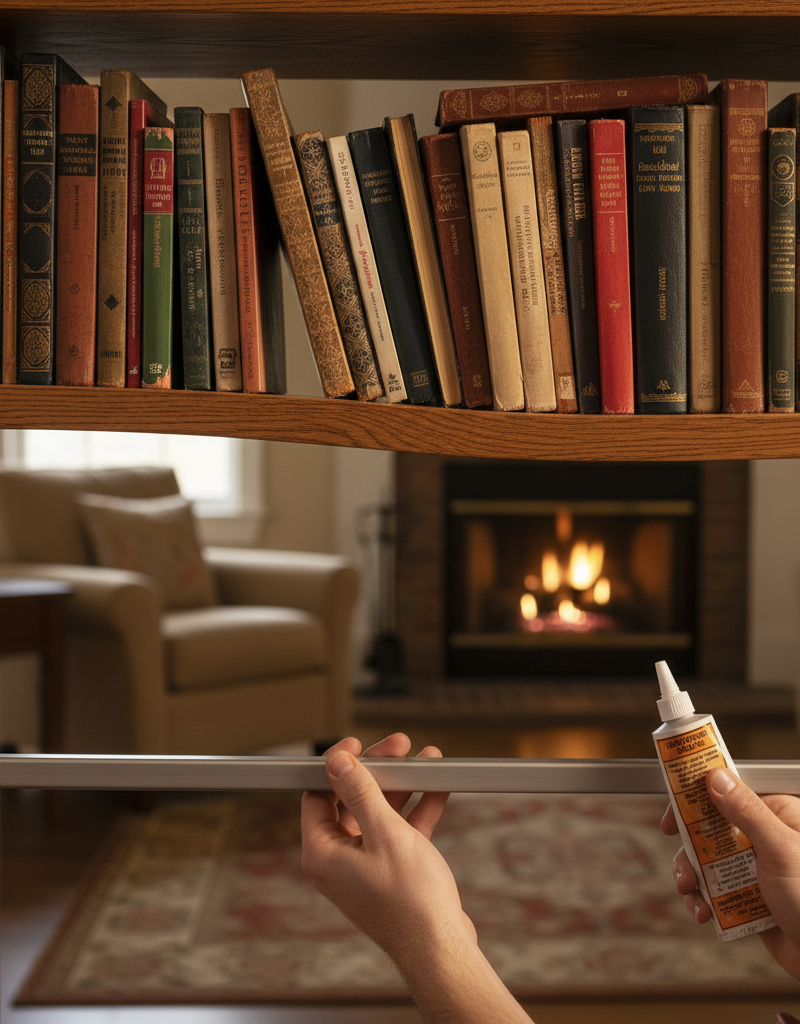 A close-up of a wooden bookshelf with a sagged shelf, featuring hands preparing to fix it with a steel bar and epoxy.