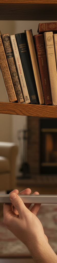 A close-up of a wooden bookshelf with a sagged shelf, featuring hands preparing to fix it with a steel bar and epoxy.