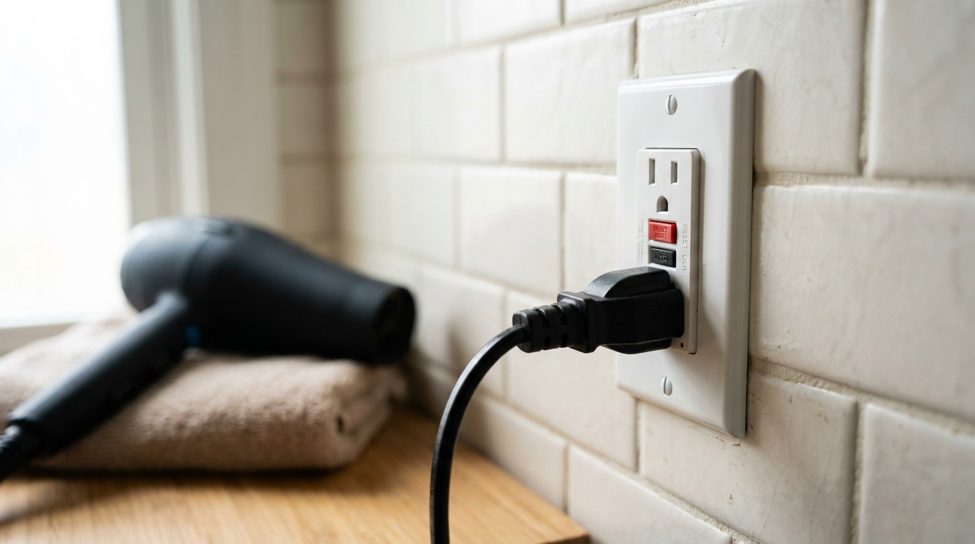 A hair dryer plugged into a bathroom GFCI outlet with the red reset button tripped.
