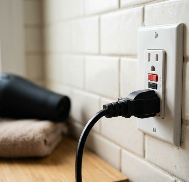 A hair dryer plugged into a bathroom GFCI outlet with the red reset button tripped.