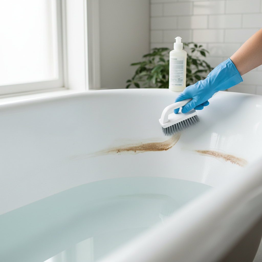 Homeowner scrubbing a stubborn brown ring from the waterline of a white bathtub.