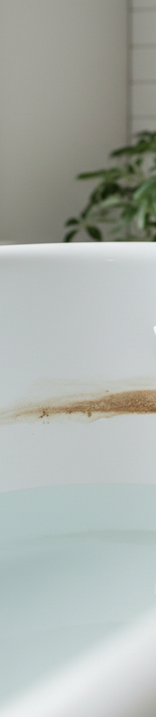 Homeowner scrubbing a stubborn brown ring from the waterline of a white bathtub.