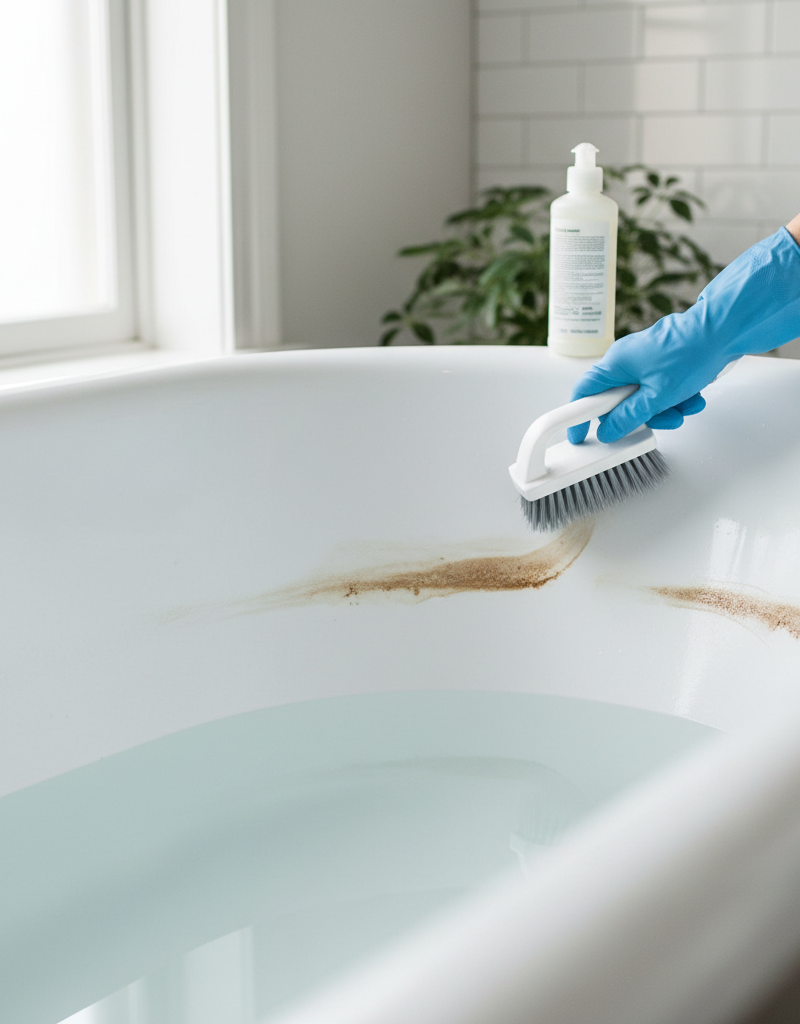 Homeowner scrubbing a stubborn brown ring from the waterline of a white bathtub.