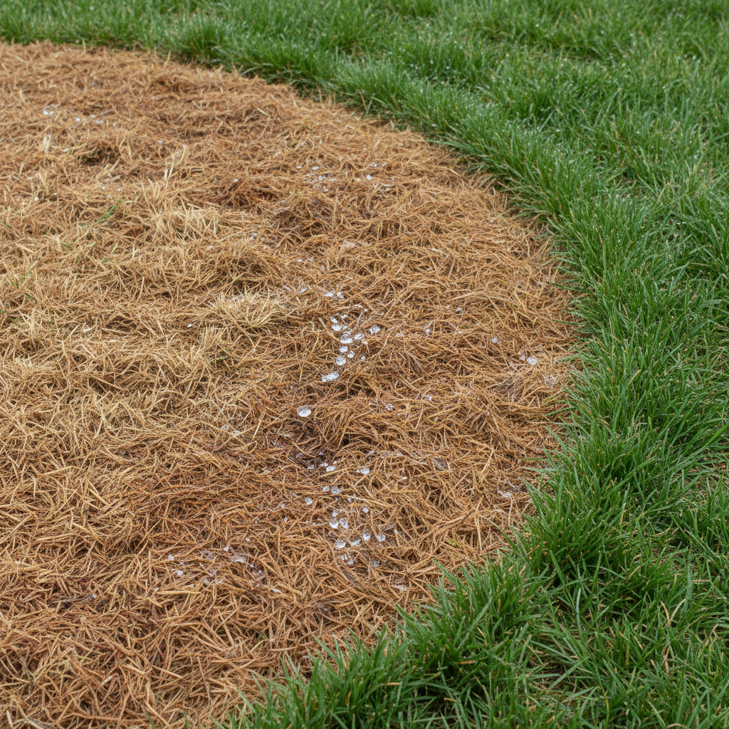 Brown spots on a lawn after watering, with visible thatch layer.