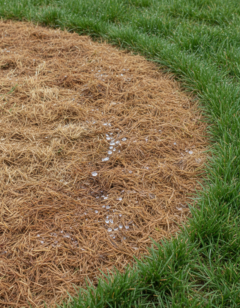 Brown spots on a lawn after watering, with visible thatch layer.