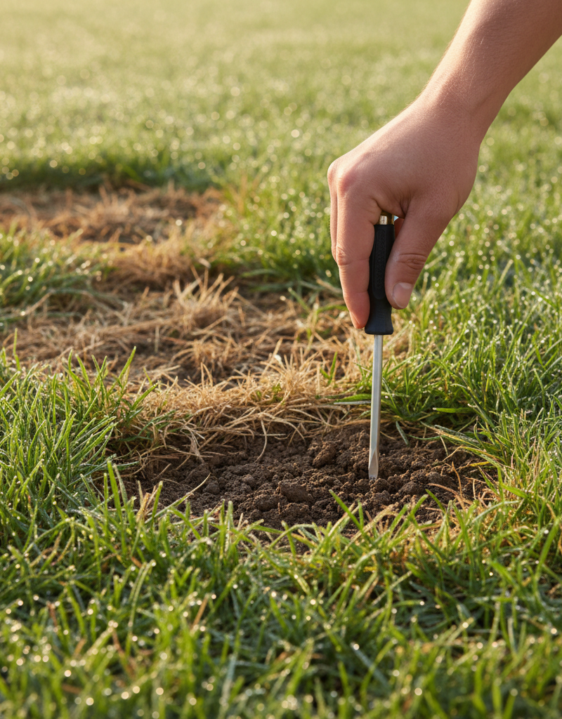 Homeowner examining brown spots in lawn with a screwdriver after watering.