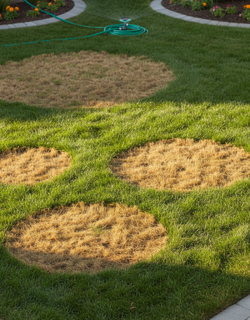 Aerial view of a lawn with brown spots after watering, showing contrast.