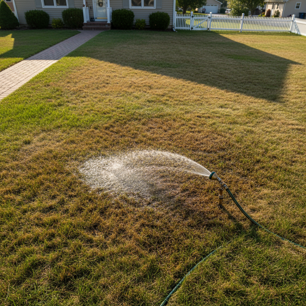 Lawn with brown spots being watered, showing the common problem of browning after irrigation.