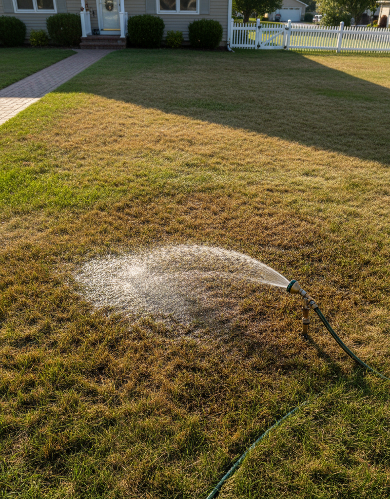 Lawn with brown spots being watered, showing the common problem of browning after irrigation.