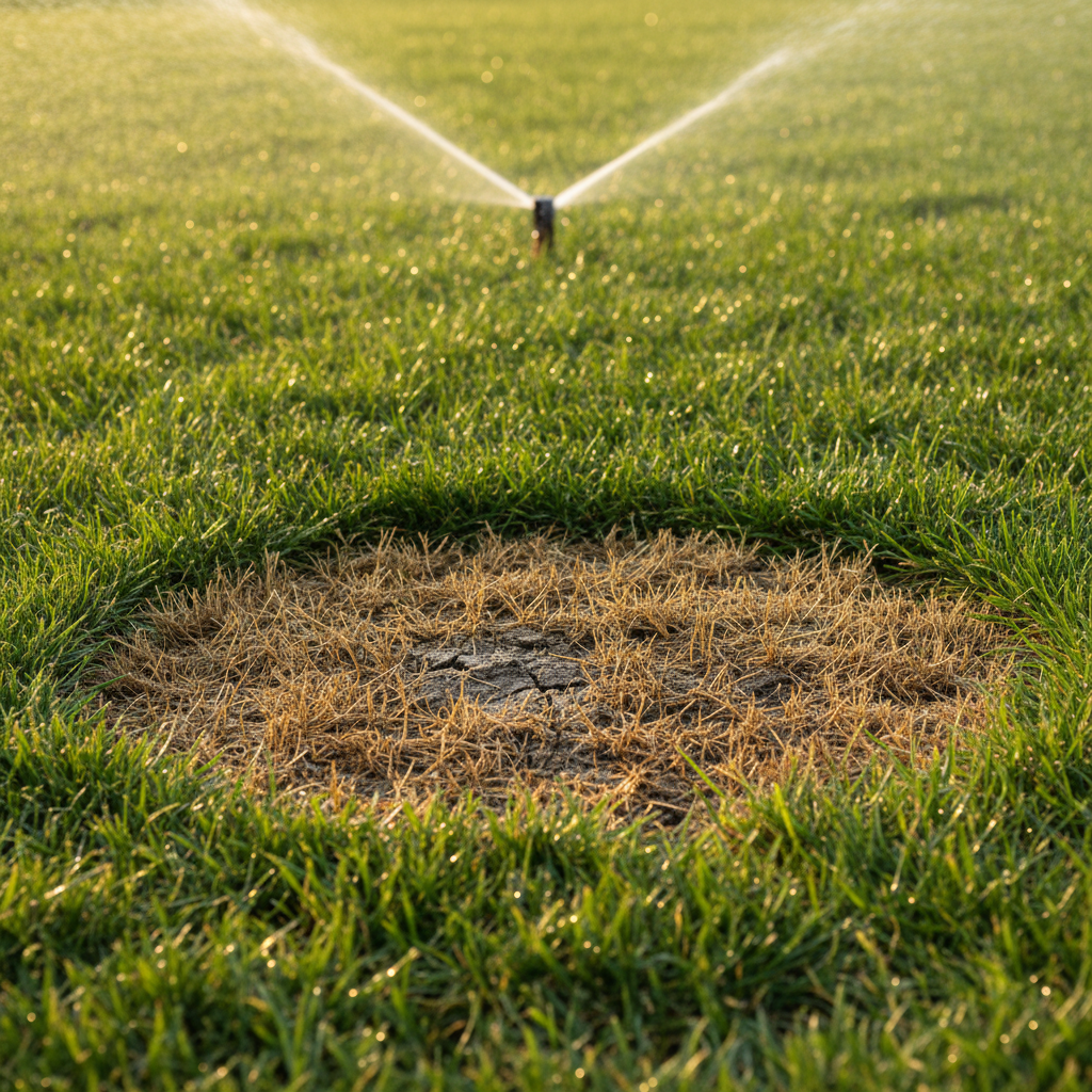 Patch of brown grass in an otherwise green lawn with a sprinkler running