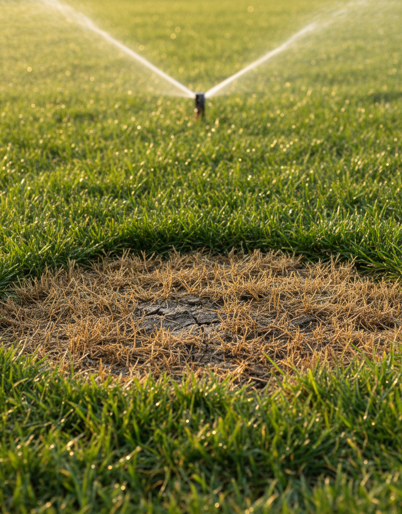 Patch of brown grass in an otherwise green lawn with a sprinkler running