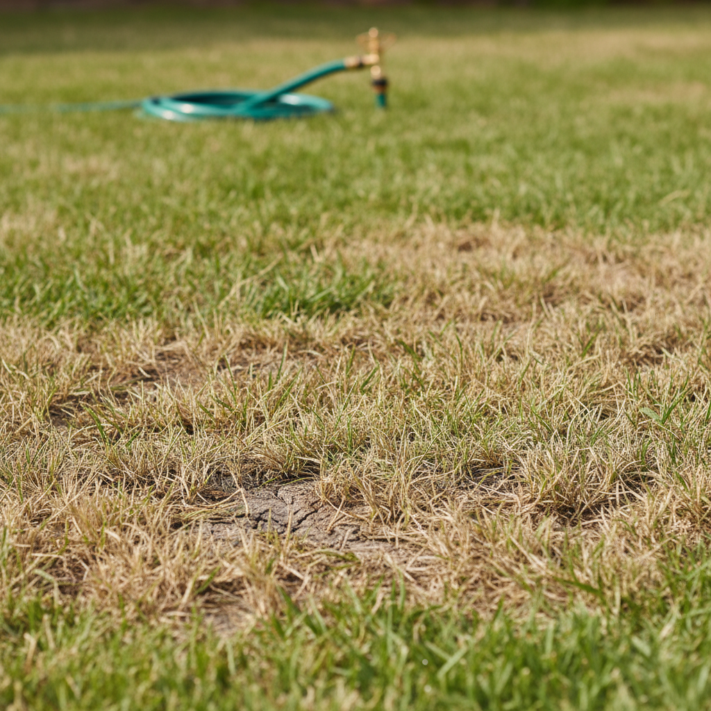 Lawn with distinct brown patches and healthy green grass, suggesting a watering or health issue.