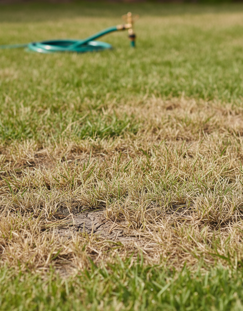 Lawn with distinct brown patches and healthy green grass, suggesting a watering or health issue.