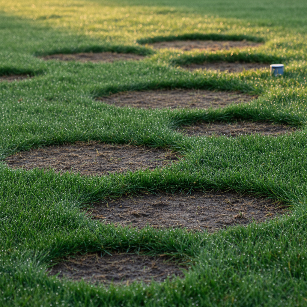 Close-up of a green lawn with several circular brown patches amidst damp grass, hinting at recent watering