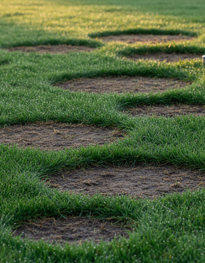 Close-up of a green lawn with several circular brown patches amidst damp grass, hinting at recent watering