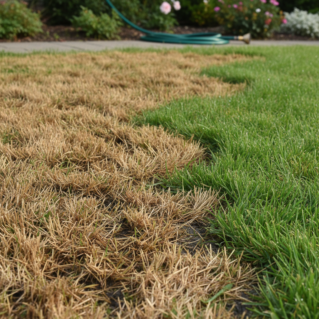 Brown spots appearing in a green lawn after recent watering, illustrating common lawn care problems.