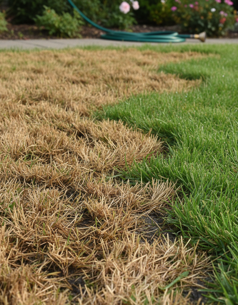 Brown spots appearing in a green lawn after recent watering, illustrating common lawn care problems.