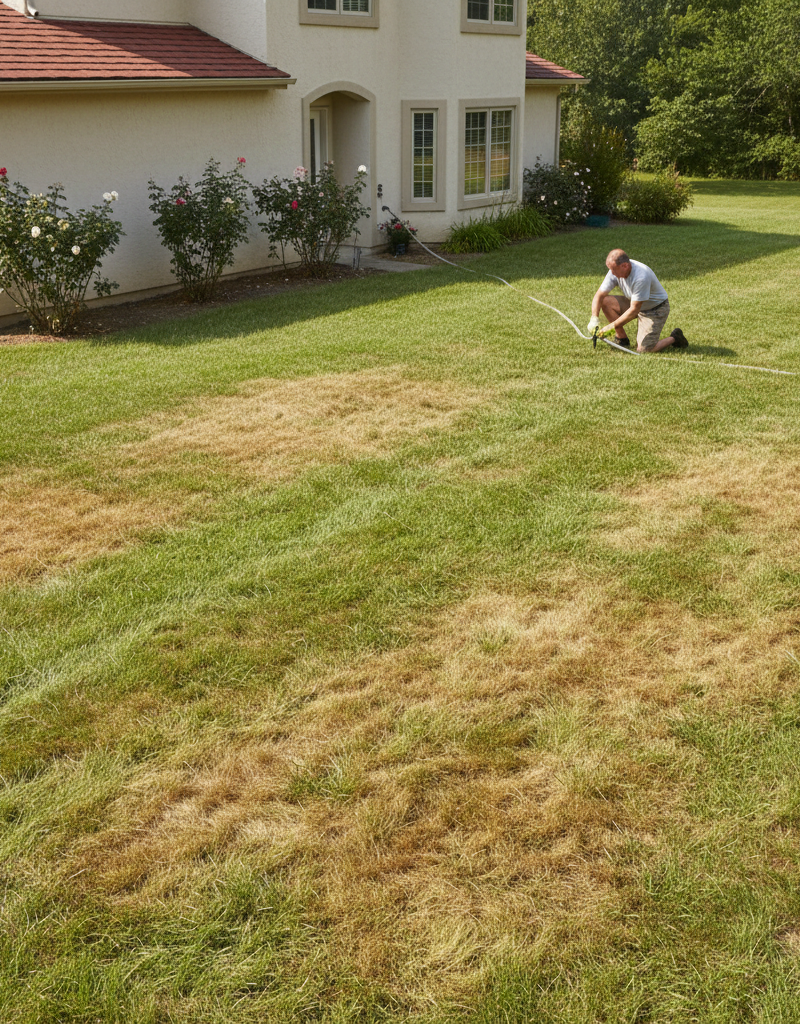 Homeowner adjusting a sprinkler head next to green grass with several distinct brown patches, indicating uneven watering.