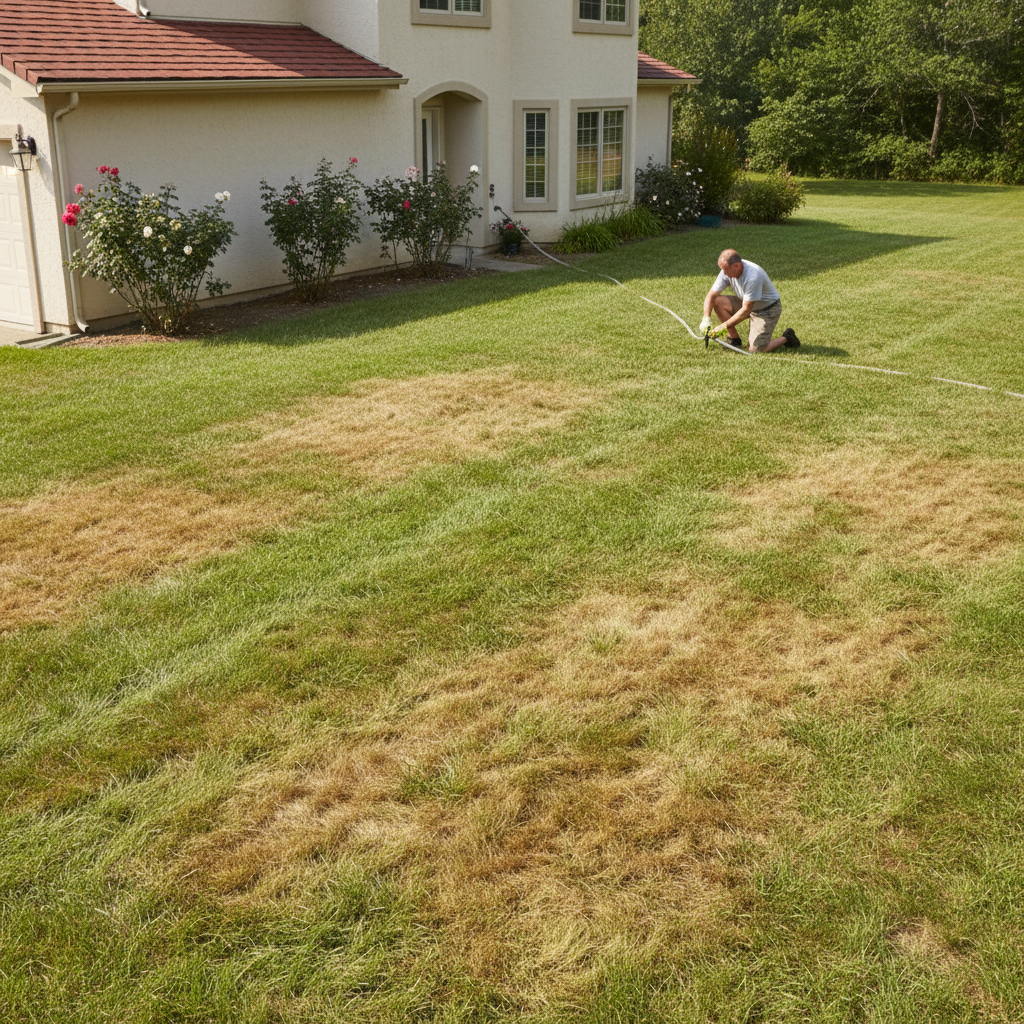 Homeowner adjusting a sprinkler head next to green grass with several distinct brown patches, indicating uneven watering.