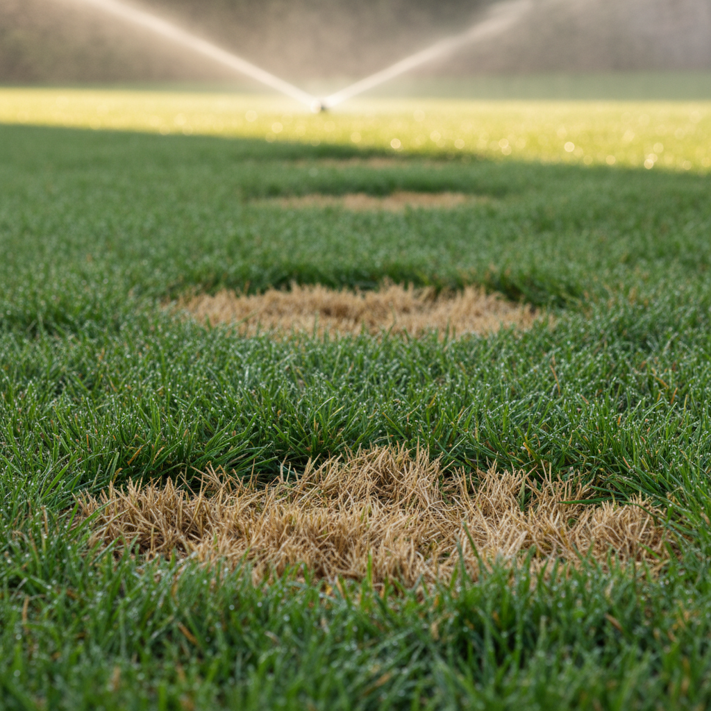 Lawn with brown spots despite recent watering, showing contrast between green and stressed grass.