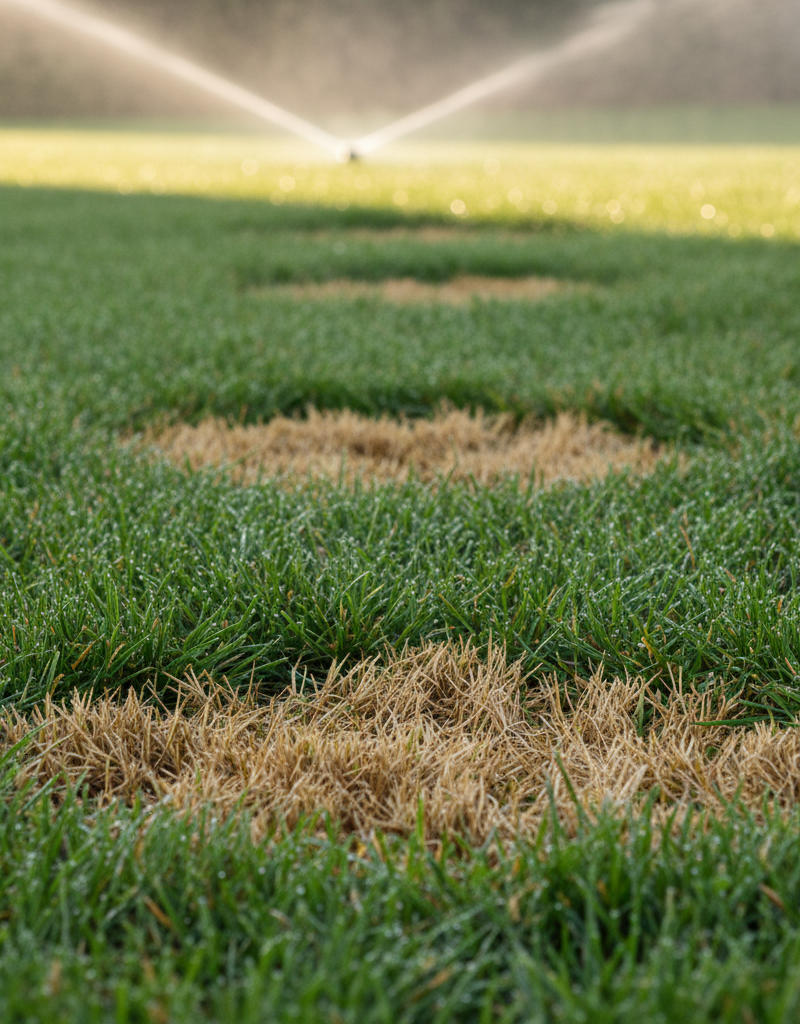 Lawn with brown spots despite recent watering, showing contrast between green and stressed grass.