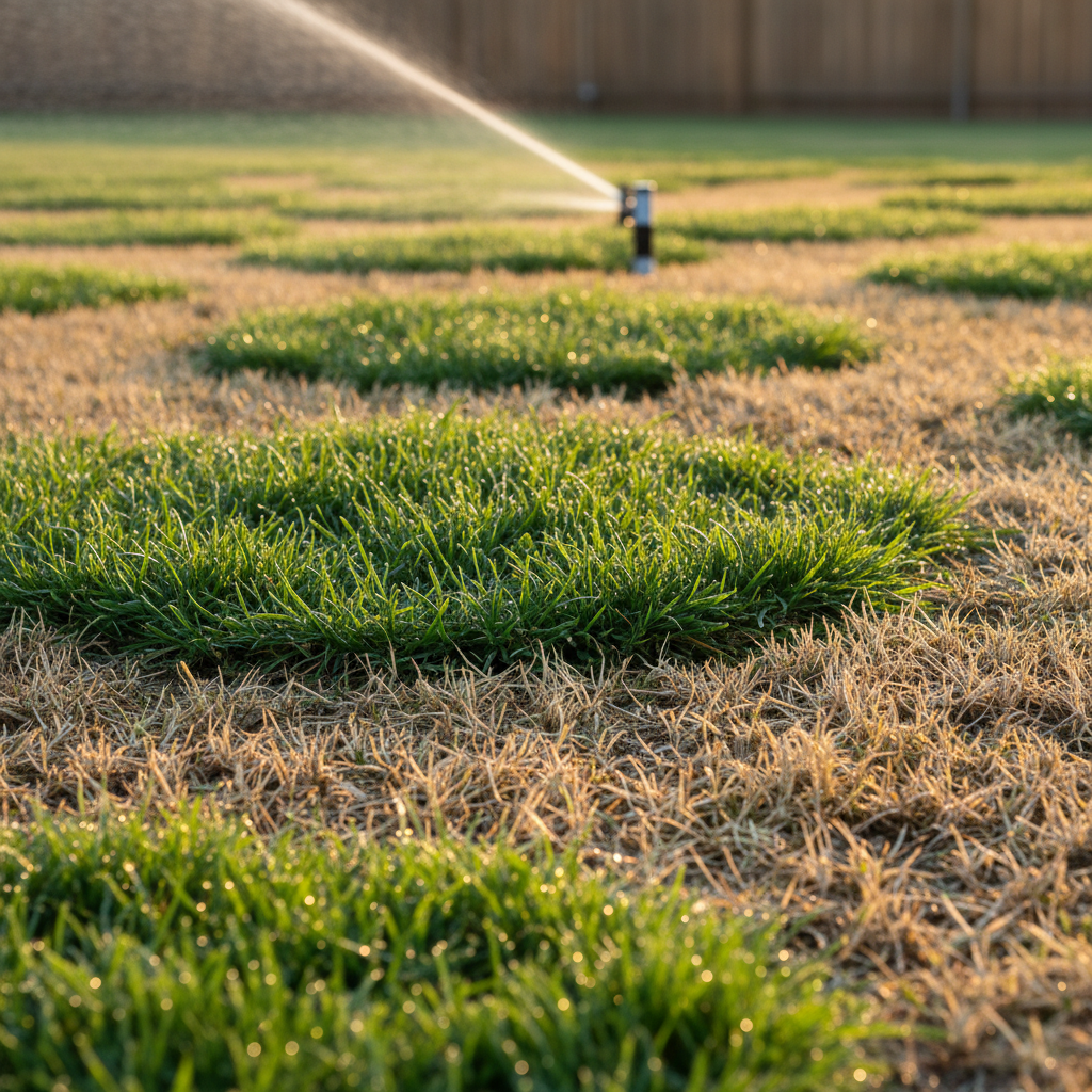 A residential lawn with distinct brown spots next to healthy green grass, a sprinkler head in the background.