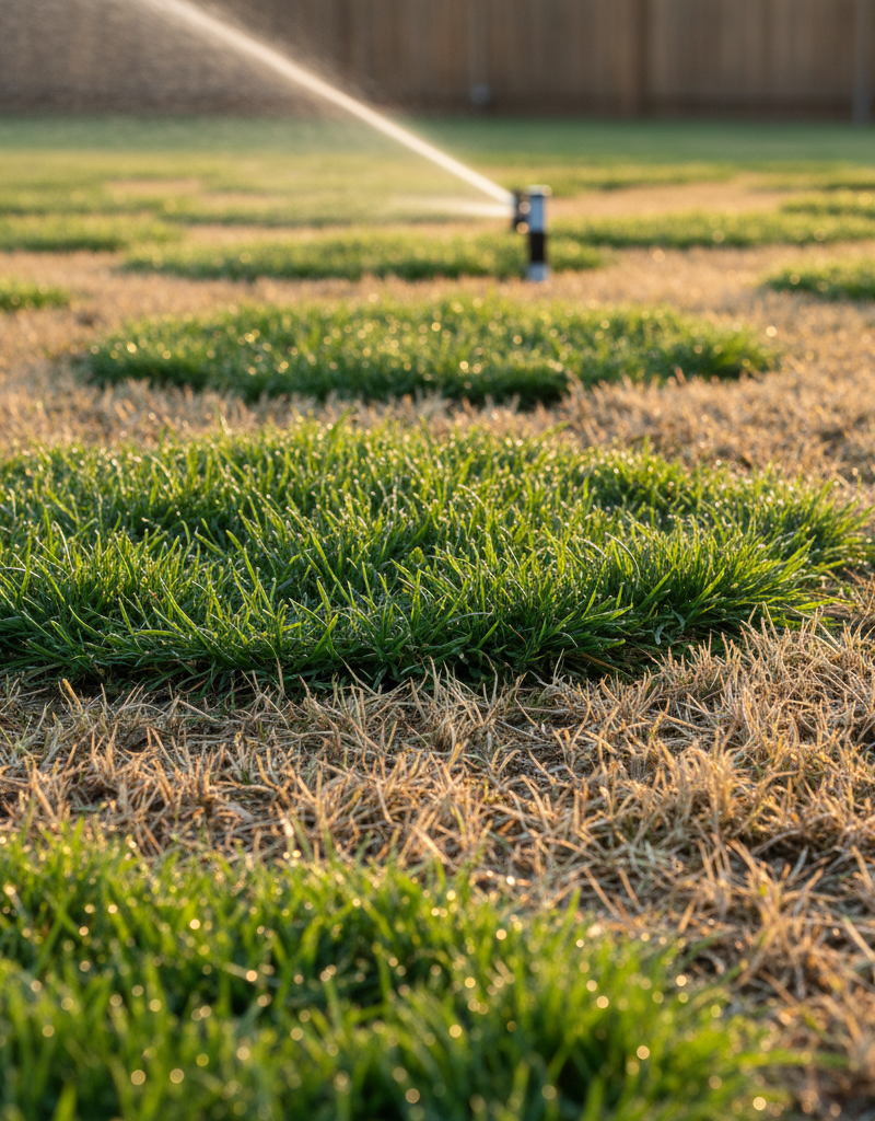 A residential lawn with distinct brown spots next to healthy green grass, a sprinkler head in the background.