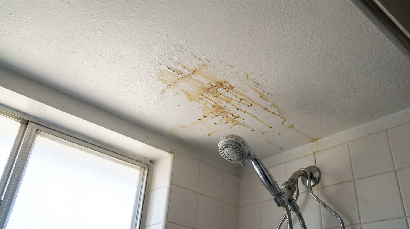 Brown spots and rusty-looking streaks on a white bathroom ceiling caused by surfactant leaching.