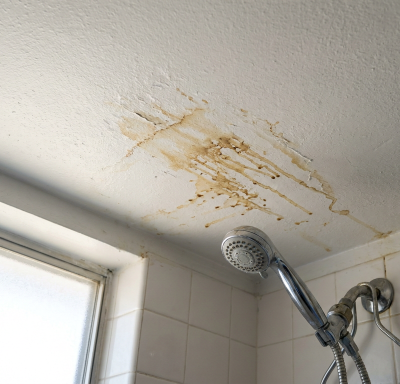 Brown spots and rusty-looking streaks on a white bathroom ceiling caused by surfactant leaching.