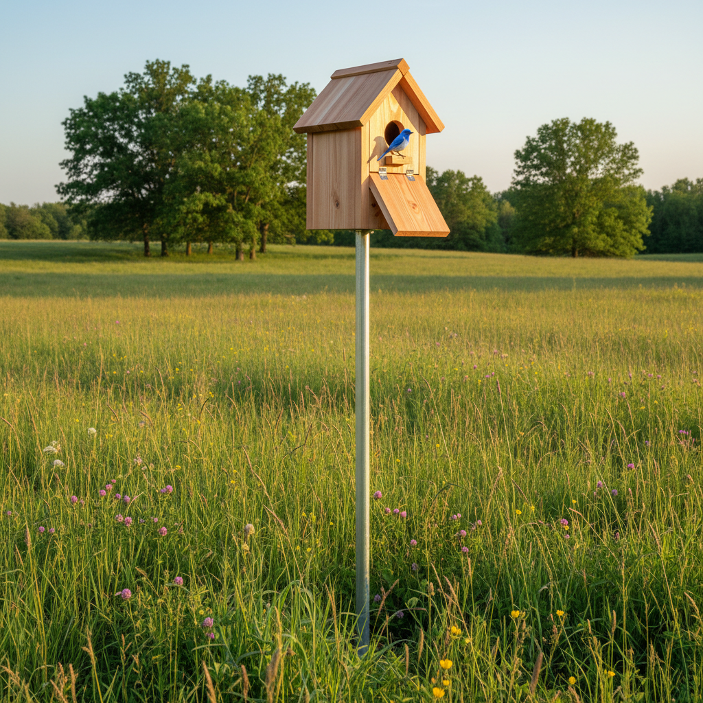 A finished cedar bluebird house mounted on a pole in a vibrant green field, ready to attract bluebirds.
