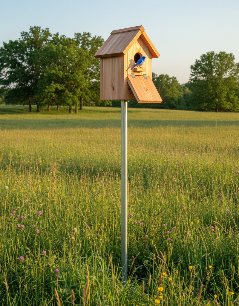 A finished cedar bluebird house mounted on a pole in a vibrant green field, ready to attract bluebirds.