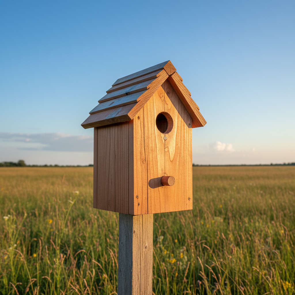 A handcrafted cedar bluebird house with a 1.5-inch entrance hole, mounted on a post in a sunny field.