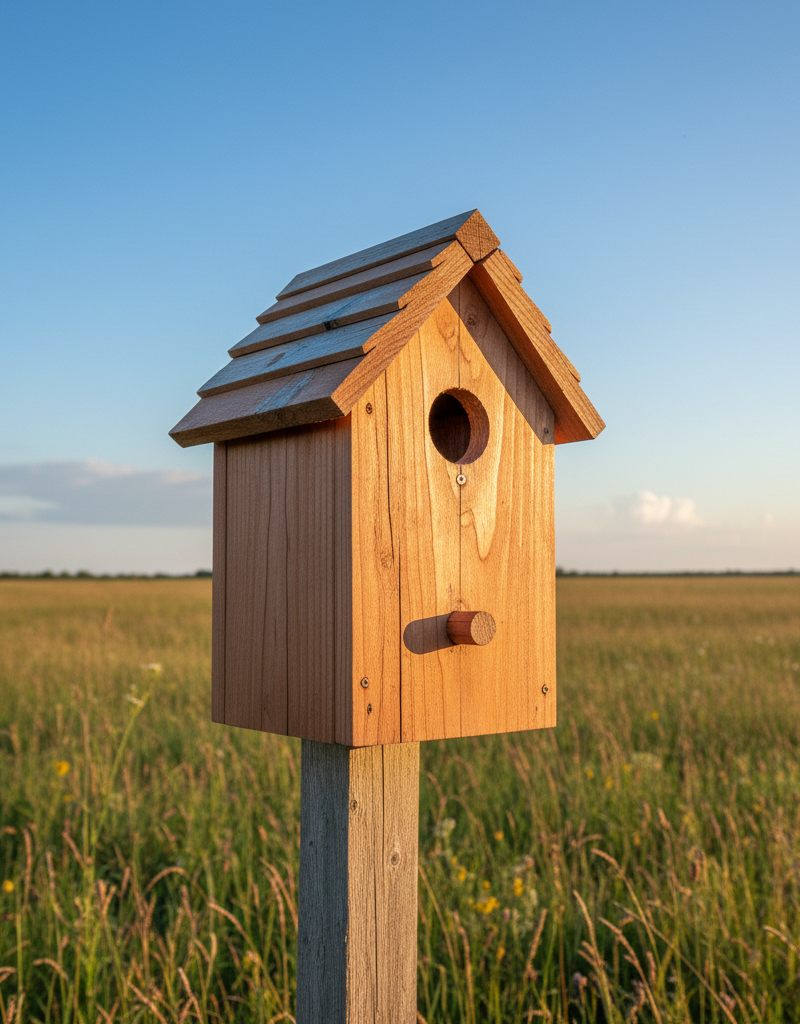 A handcrafted cedar bluebird house with a 1.5-inch entrance hole, mounted on a post in a sunny field.