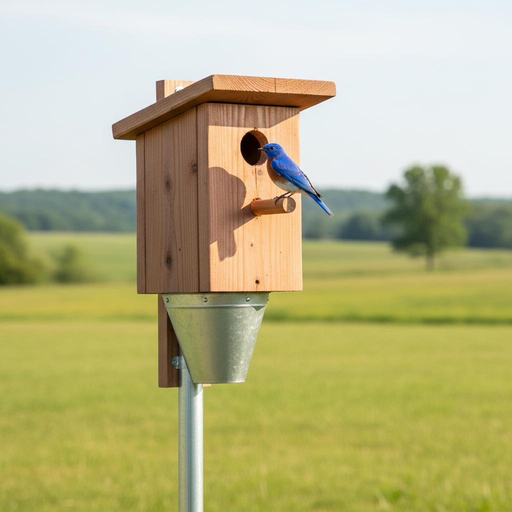 A cedar bluebird house on a pole with a predator baffle in an open field, attracting a bluebird.