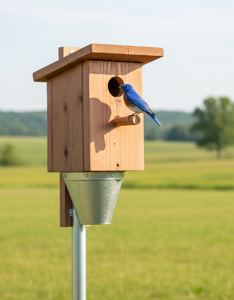 A cedar bluebird house on a pole with a predator baffle in an open field, attracting a bluebird.
