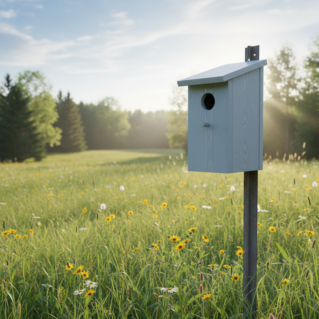 Cedar bluebird house on a pole in an open field, ready for nesting season