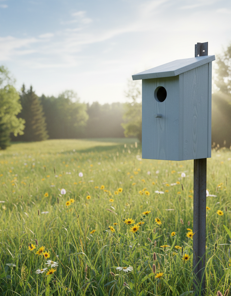 Cedar bluebird house on a pole in an open field, ready for nesting season