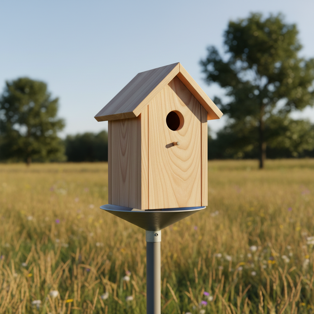 Cedar bluebird house on a pole in a meadow, designed to attract Eastern Bluebirds.