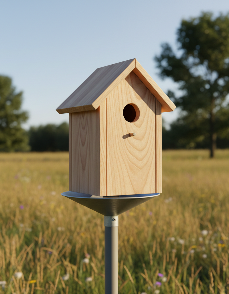 Cedar bluebird house on a pole in a meadow, designed to attract Eastern Bluebirds.