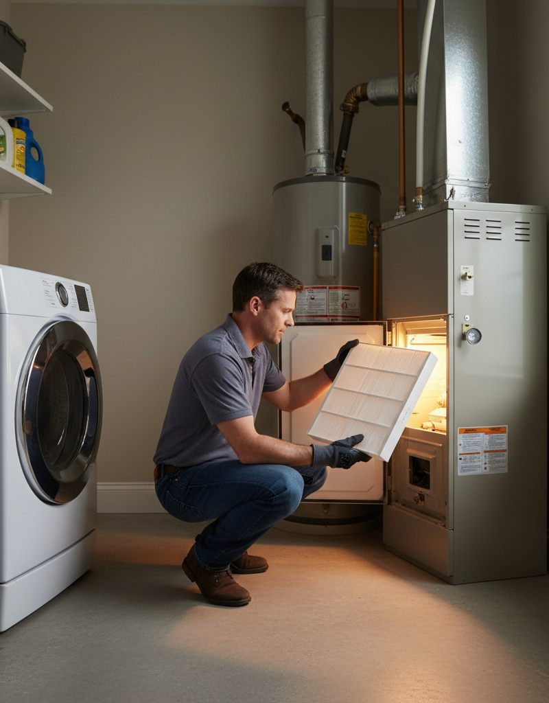 Homeowner inspecting a furnace air filter, looking for dust buildup
