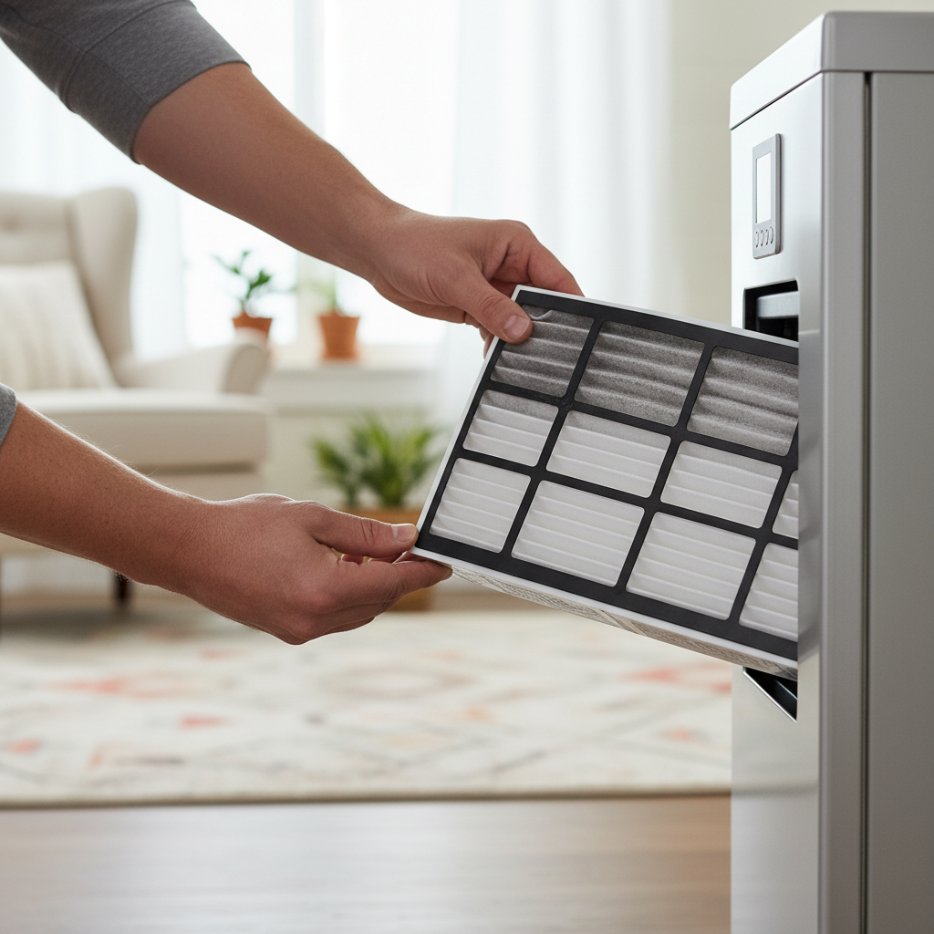 Homeowner installing a new, clean air filter into a furnace, showing clean hands and a focus on home improvement.