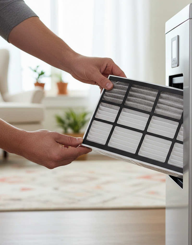 Homeowner installing a new, clean air filter into a furnace, showing clean hands and a focus on home improvement.