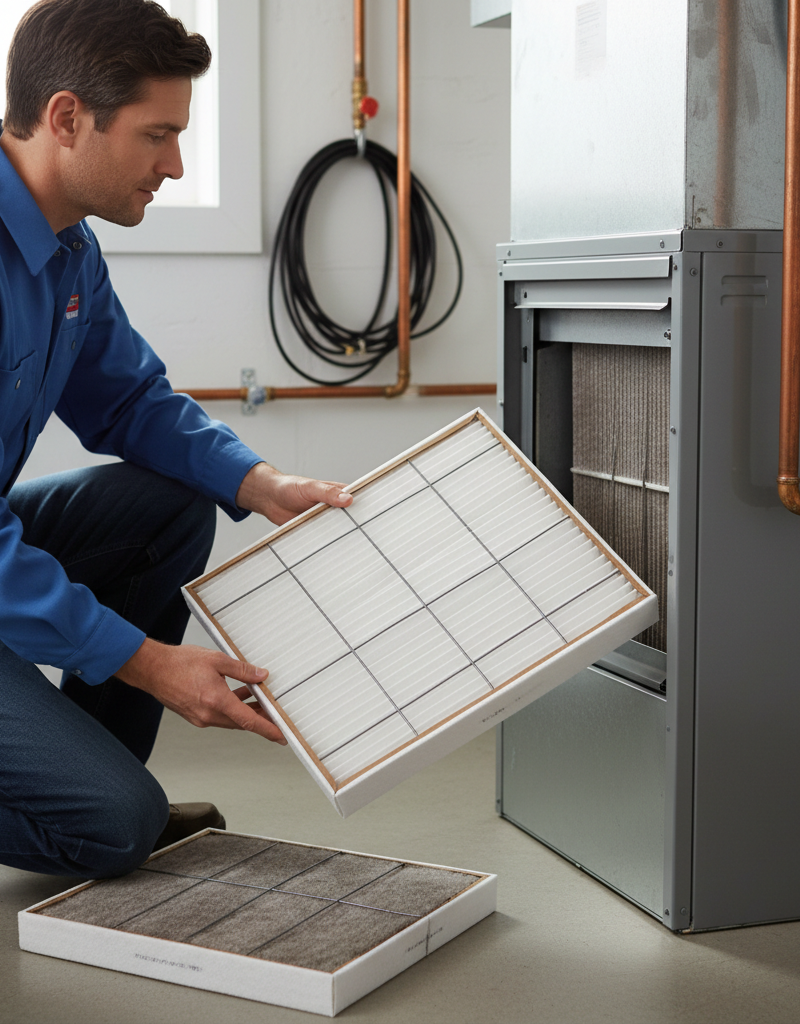 Homeowner preparing to change a dirty furnace filter, inspecting the slot.