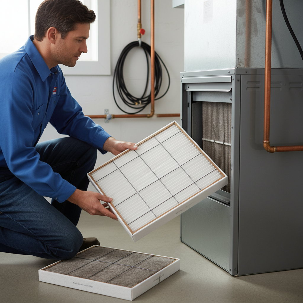 Homeowner preparing to change a dirty furnace filter, inspecting the slot.