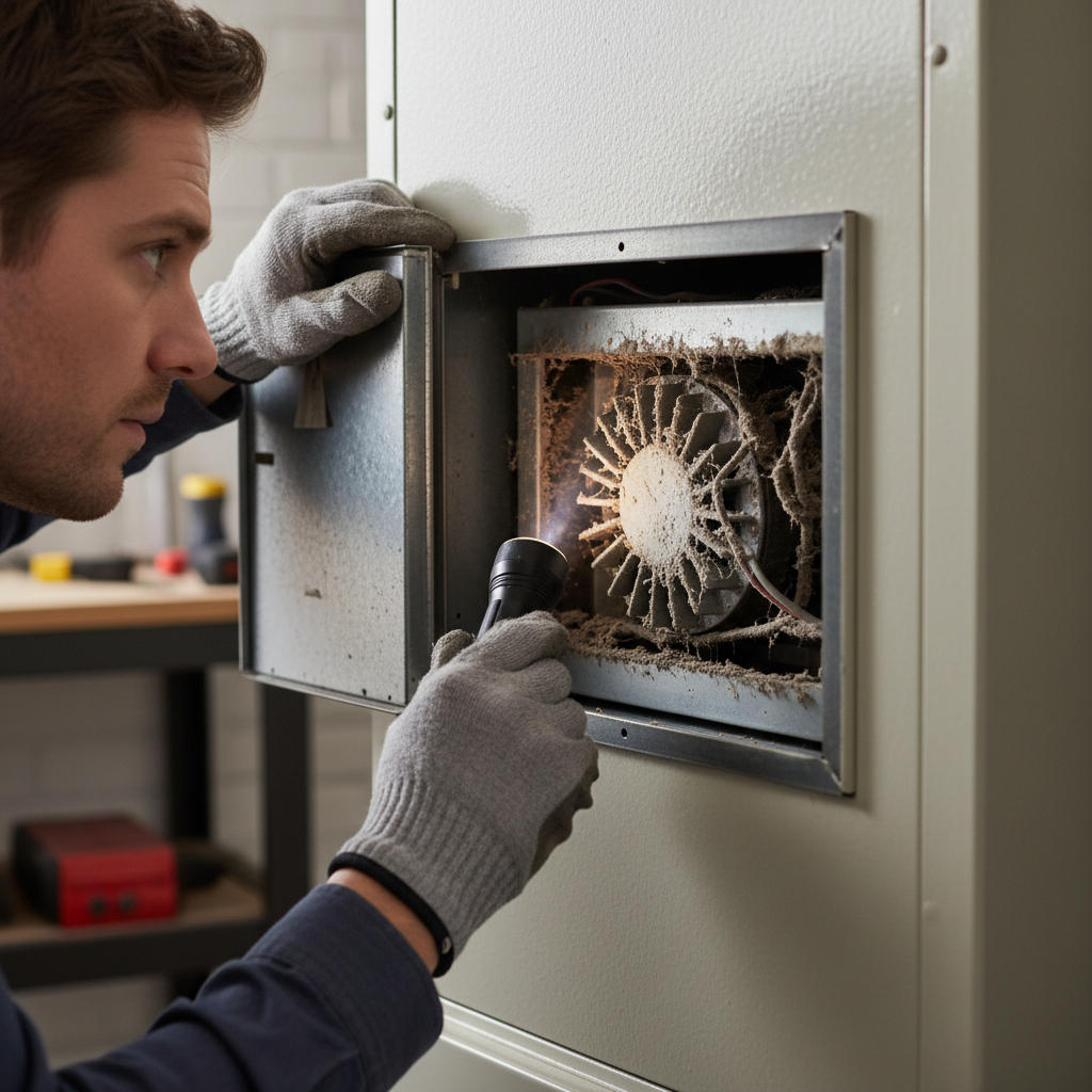 Homeowner inspecting a dusty furnace access panel with a flashlight
