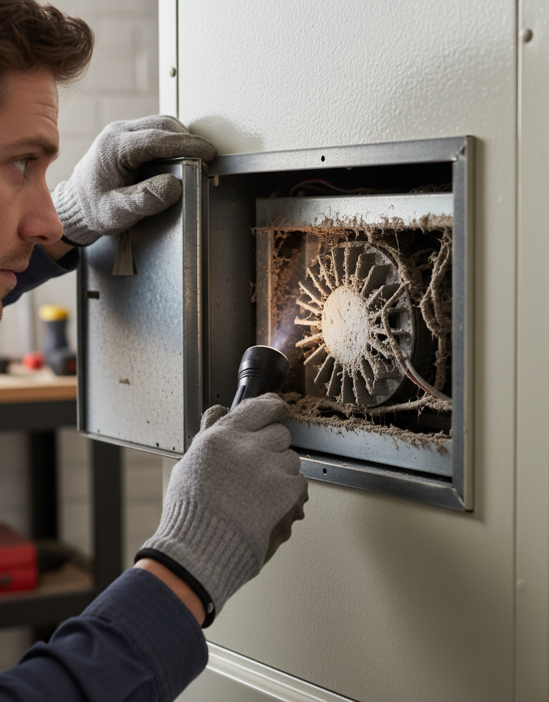 Homeowner inspecting a dusty furnace access panel with a flashlight